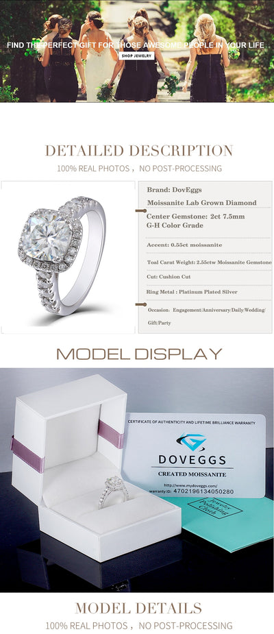 DovEggs Center 2 Carat ctGH Color 7.5mm Cushion Cut Moissanite Engagement Rings For Women Halo Style Quality Sterling Silver - cyberwatchs.com