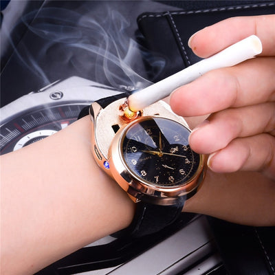 Multiple styles Military Flameless Windproof Men's Rechargeable USB Watches Casual Quartz Lighter Electronic Date Clock Watch 45 - cyberwatchs.com