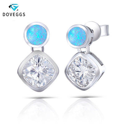 DovEggs Platinum Plated Silver Sterling 925 6MM Cushion Cut H Color Moissanite and Blue Opal Stud Earrings for Women Wedding - cyberwatchs.com
