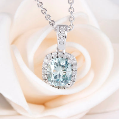 DovEggs 1.65CTW 6X7mm Cushion Cut Slight Blue Moissanite Halo Pendant Necklace with Accents Platinum Plated Silver for Women - cyberwatchs.com