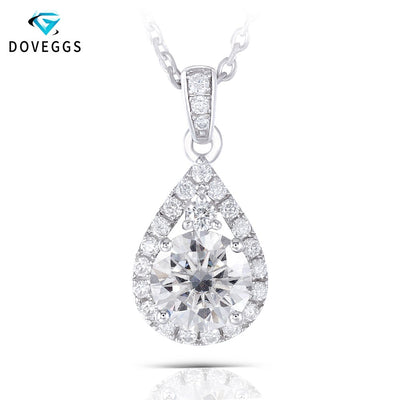 DovEggs Platinum Plated Silver 1.25CTW 6.5mm H color Moissanite Halo Pendant Water Drop Shaped Necklaces with Accents for Women - cyberwatchs.com